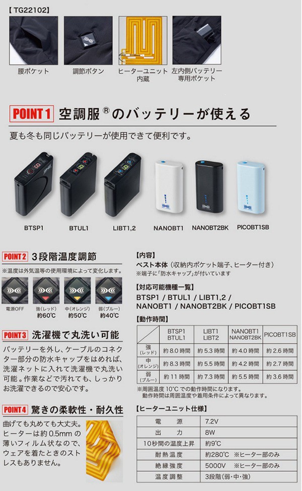 空調服(R) 2021年 THERMALGEAR サーマルギア TG22102 発熱防寒ベスト