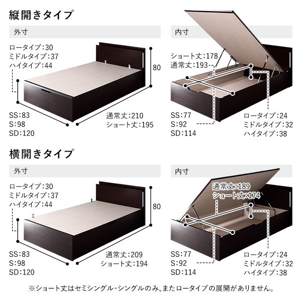 お客様組み立て〕 日本製 収納ベッド 通常丈 セミシングル 日本製薄型